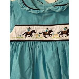 Vintage Equestrian Embroidered Smocked Corduroy Teal Dress 2T